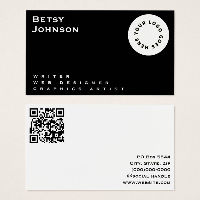 Schwarz und Weiß mit Logo und QR-Code Visitenkarte (Vorne & Hinten)