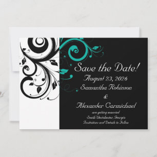 Schwarz und Weiß mit Teal Reverse Swirl Save The Date