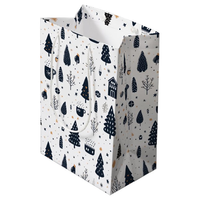 Schwarz und Weiß Moderner Minimaler Weihnachtsurla Mittlere Geschenktüte (Rückseite Schrägansicht)