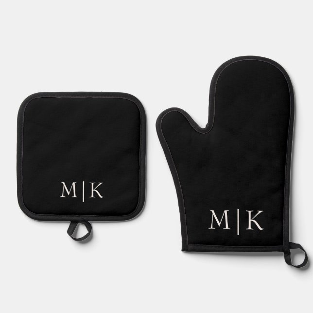 Schwarz und Weiß | Modernes Monogramm Ofenhandschuh & Topflappen-Set (Vorderseite)