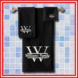 Schwarz und Weiß | Monogramm für einfache Familien Badhandtuch Set