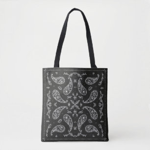 Schwarz und Weiß Paisley Bandana Ornament Print. V Tasche