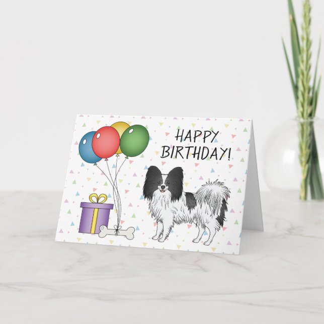 Schwarz und Weiß Papillon Hund Happy Birthday Karte (Vorderseite)