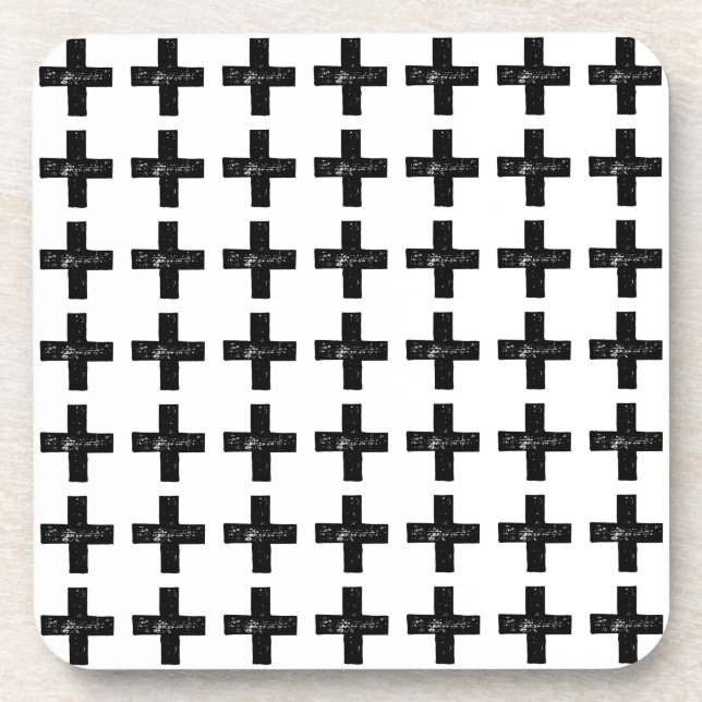 Schwarz und Weiß "Plus" Mathematik Symbol Lino Cut Getränkeuntersetzer (Vorderseite)