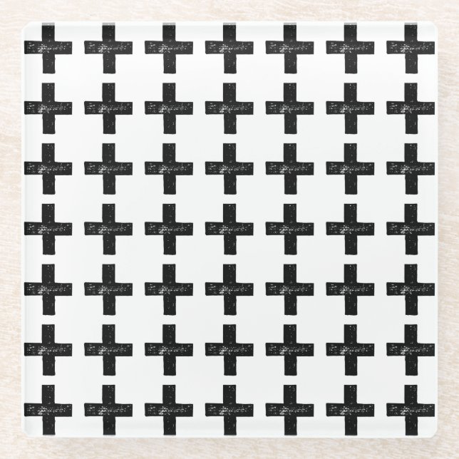 Schwarz und Weiß "Plus" Mathematik Symbol Lino Cut Glasuntersetzer (Vorderseite)