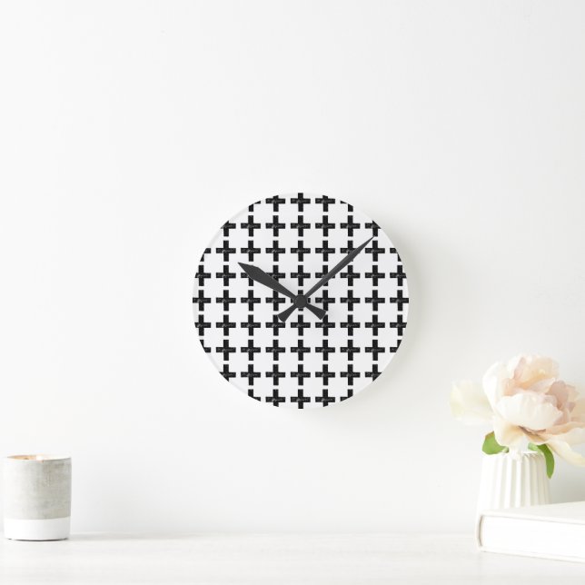 Schwarz und Weiß "Plus" Mathematik Symbol Lino Cut Runde Wanduhr (Zuhause)