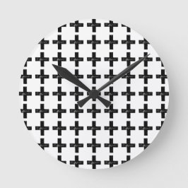 Schwarz und Weiß "Plus" Mathematik Symbol Lino Cut Runde Wanduhr