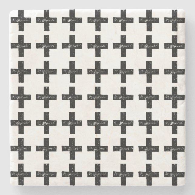 Schwarz und Weiß "Plus" Mathematik Symbol Lino Cut Steinuntersetzer (Vorderseite)