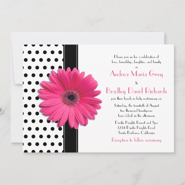 Schwarz und Weiß Polka Dot Pink Daisy Wedding Einladung (Vorderseite)