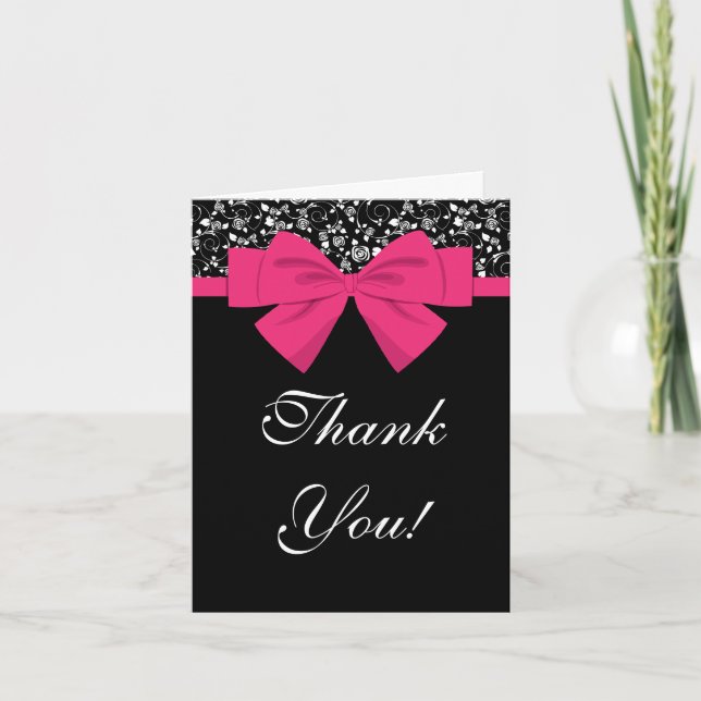 Schwarz und Weiß Rosen Rosa rosa Bow Dankeskarte (Vorderseite)