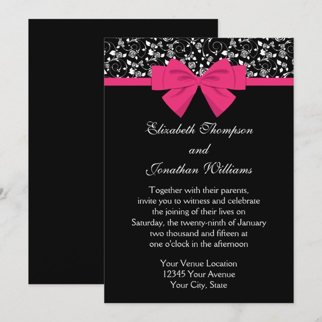 Schwarz und Weiß Rosen Rosa rosa Bow Einladung (Vorne/Hinten)