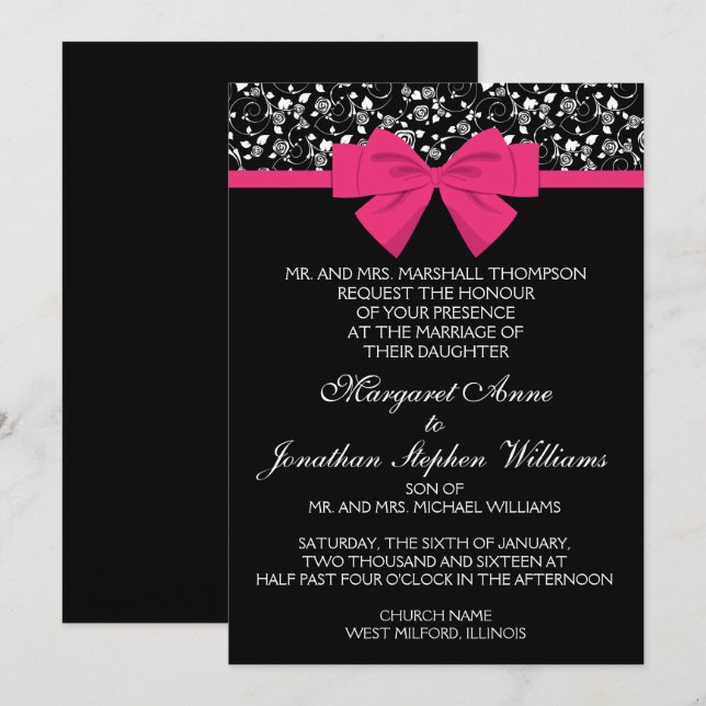 Schwarz und Weiß Rosen Rosa rosa Bow Einladung (Vorne/Hinten)