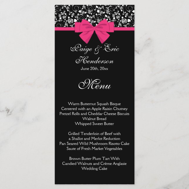 Schwarz und Weiß Rosen Rosa rosa Bow Menükarte (Vorderseite)