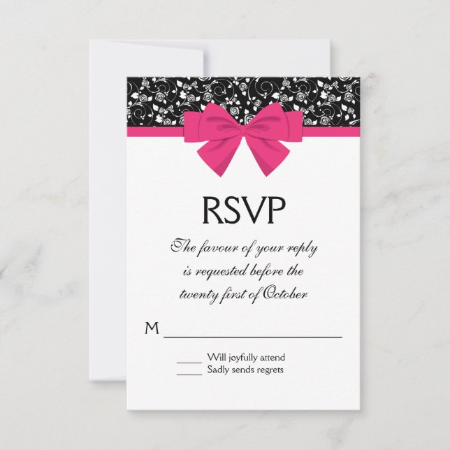 Schwarz und Weiß Rosen Rosa rosa Bow RSVP Karte (Vorderseite)