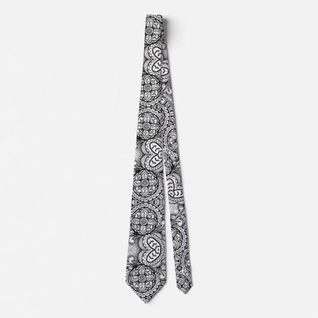 Schwarz und Weiß Rosette Floral Mandala Paisley Krawatte (Vorderseite)