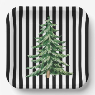 Schwarz und Weiß Streifen Aquarellwein Weihnachtsb Pappteller