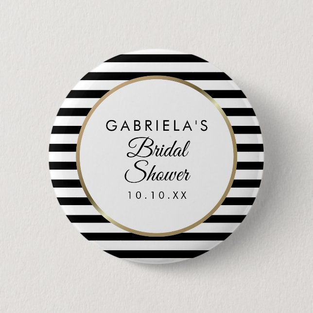 Schwarz und Weiß Streifen Elegantes Gold Brautpart Button (Vorderseite)
