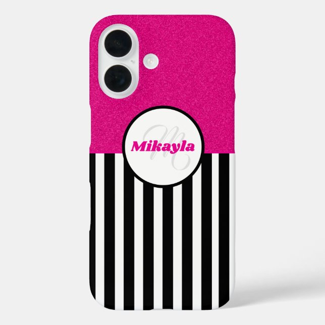 Schwarz und Weiß Streifen Rosa Glitzer Textur iPhone 16 Hülle (Rückseite)