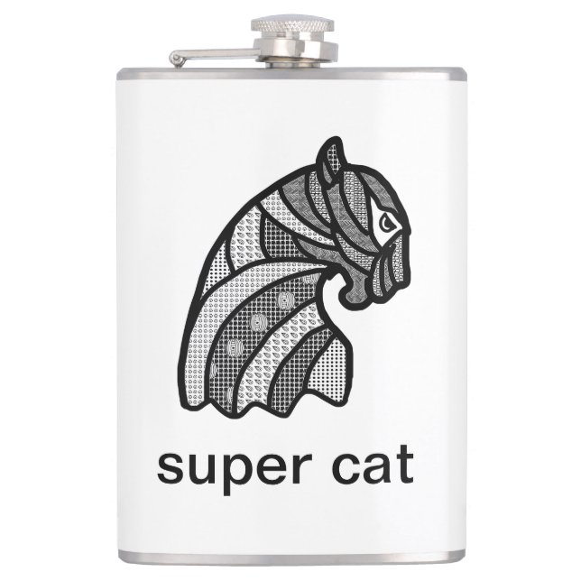 Schwarz und Weiß Super Cat Moderne Kunst Flachmann (Vorderseite)