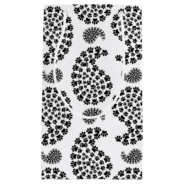 Schwarz und Weiß Tiny Paw Print Paisley Muster Kleine Geschenktüte (Vorderseite)