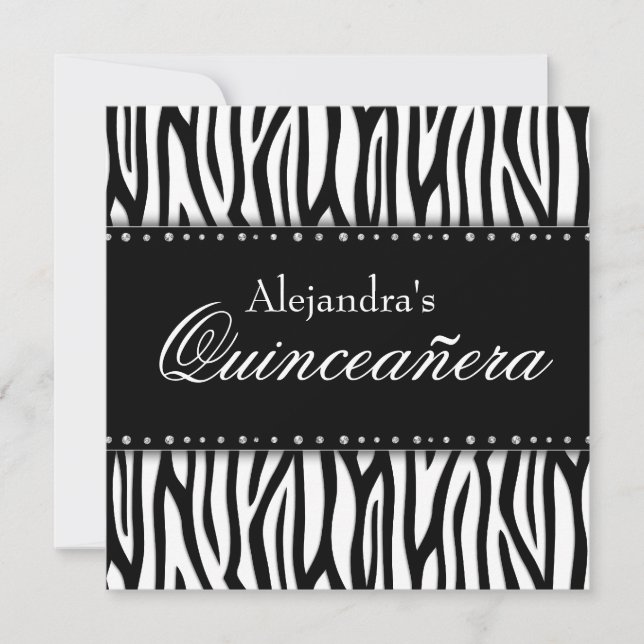 Schwarz und Weiß Zebra Diamonds Quinceanera Einladung (Vorderseite)