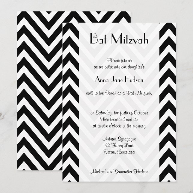 Schwarz und Weiß Zigzag Muster, Bat Mitzvah Einladung (Vorne/Hinten)