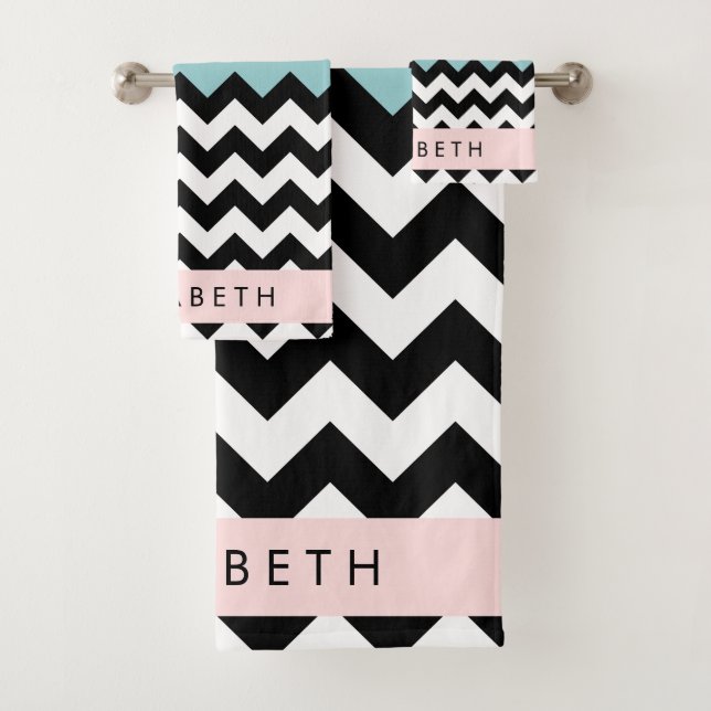 Schwarz und Weiß Zigzag, Zickzack, Blau, Ihr Name Badhandtuch Set (Insitu)