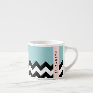 Schwarz und Weiß Zigzag, Zickzack, Blau, Ihr Name Espressotasse