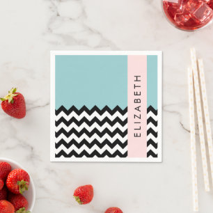 Schwarz und Weiß Zigzag, Zickzack, Blau, Ihr Name Serviette