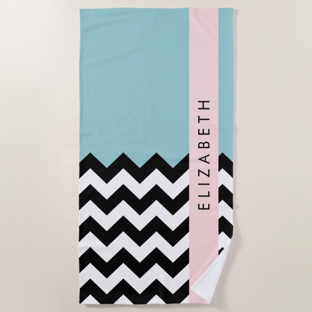 Schwarz und Weiß Zigzag, Zickzack, Blau, Ihr Name Strandtuch (Vorderseite)