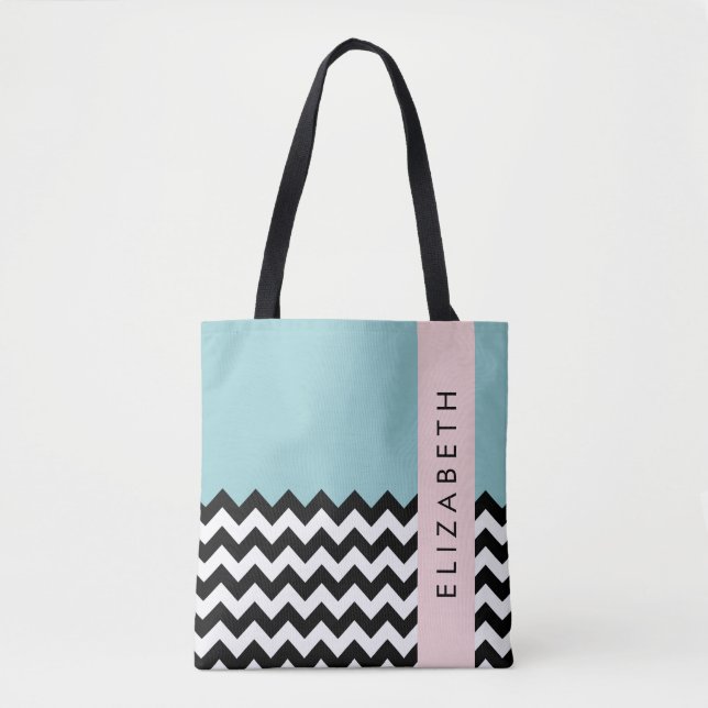 Schwarz und Weiß Zigzag, Zickzack, Blau, Ihr Name Tasche (Vorderseite)