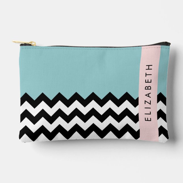 Schwarz und Weiß Zigzag, Zickzack, Blau, Ihr Name Zubehörtasche (Vorderseite)