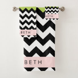 Schwarz und Weiß Zigzag, Zickzack, Grün, Ihr Name Badhandtuch Set