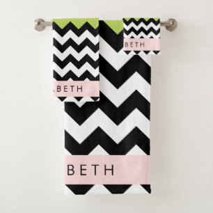 Schwarz und Weiß Zigzag, Zickzack, Grün, Ihr Name Badhandtuch Set