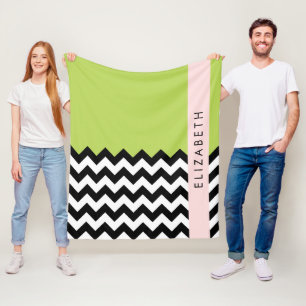 Schwarz und Weiß Zigzag, Zickzack, Grün, Ihr Name Fleecedecke