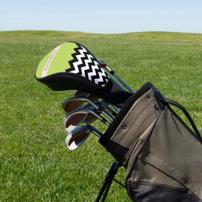 Schwarz und Weiß Zigzag, Zickzack, Grün, Ihr Name Golf Headcover (In SItu)
