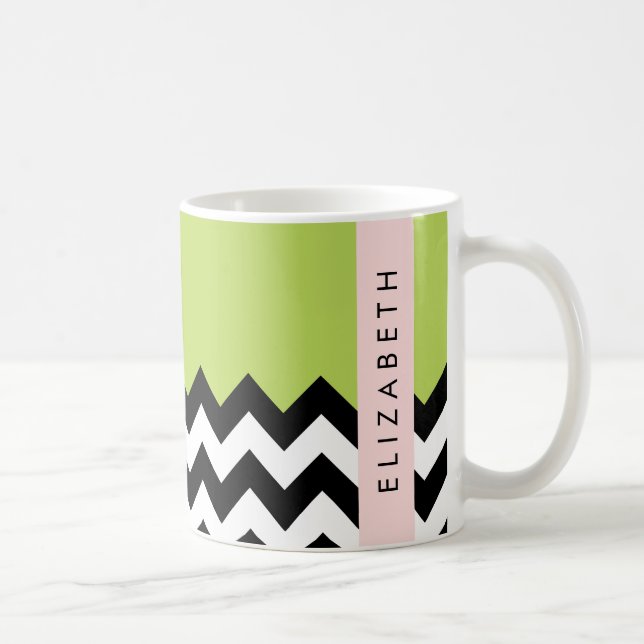 Schwarz und Weiß Zigzag, Zickzack, Grün, Ihr Name Kaffeetasse (Rechts)