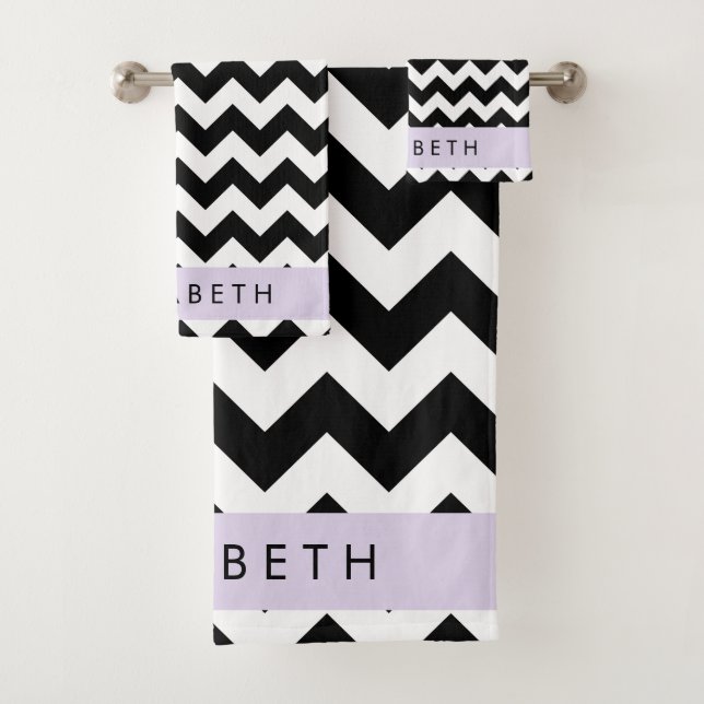 Schwarz und Weiß Zigzag, Zickzack Muster, Ihr Name Badhandtuch Set (Insitu)