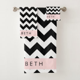 Schwarz und Weiß Zigzag, Zickzack Muster, Ihr Name Badhandtuch Set
