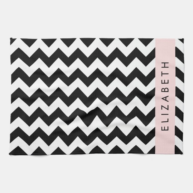 Schwarz und Weiß Zigzag, Zickzack Muster, Ihr Name Geschirrtuch (Horizontal)