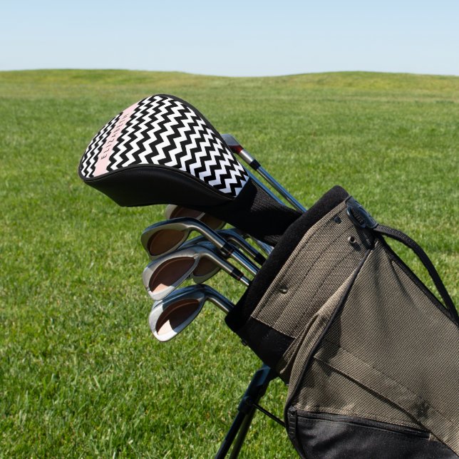 Schwarz und Weiß Zigzag, Zickzack Muster, Ihr Name Golf Headcover (In SItu)