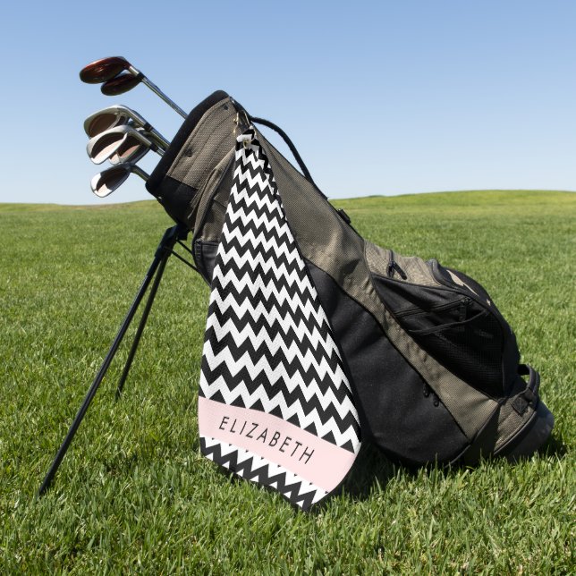 Schwarz und Weiß Zigzag, Zickzack Muster, Ihr Name Golfhandtuch (Gras)