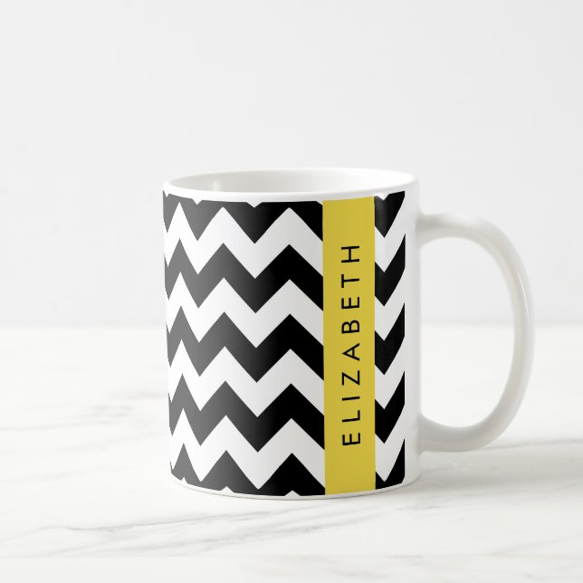 Schwarz und Weiß Zigzag, Zickzack Muster, Ihr Name Kaffeetasse (Rechts)