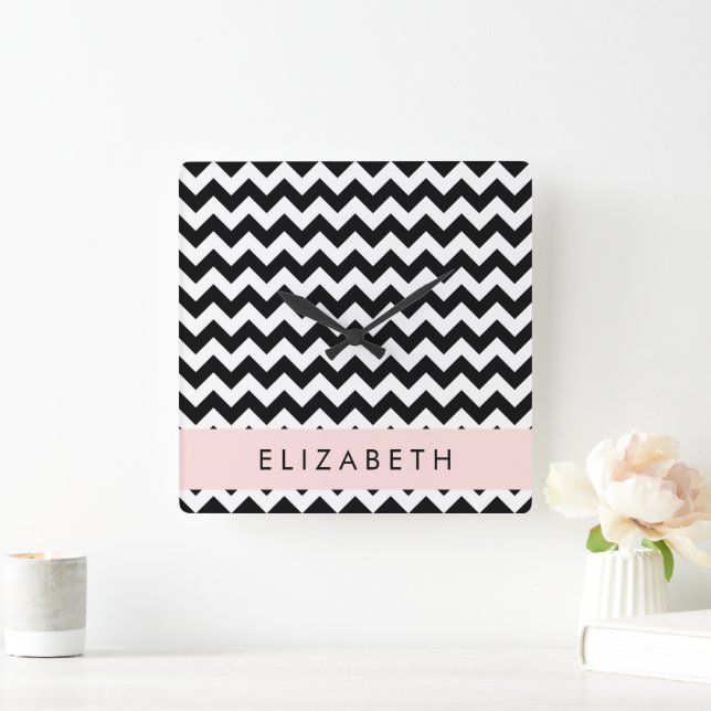 Schwarz und Weiß Zigzag, Zickzack Muster, Ihr Name Quadratische Wanduhr (Zuhause)