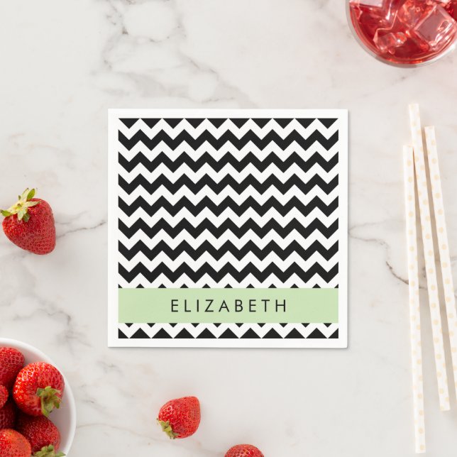 Schwarz und Weiß Zigzag, Zickzack Muster, Ihr Name Serviette (Beispiel)
