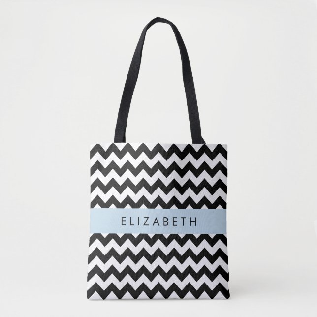 Schwarz und Weiß Zigzag, Zickzack Muster, Ihr Name Tasche (Vorderseite)