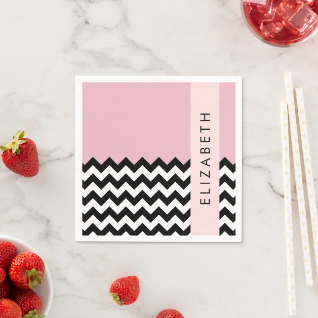 Schwarz und Weiß Zigzag, Zickzack, Rosa, Ihr Name Serviette (Beispiel)
