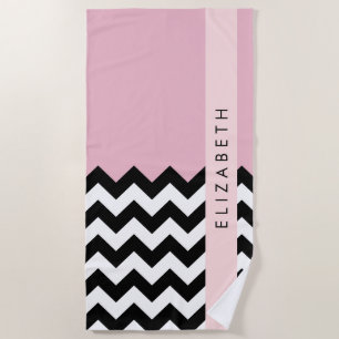 Schwarz und Weiß Zigzag, Zickzack, Rosa, Ihr Name Strandtuch