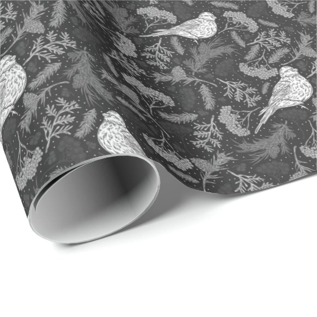 Schwarz und Winter Weiße Vögel Blumenmuster Geschenkpapier (Rolleneckpunkt)