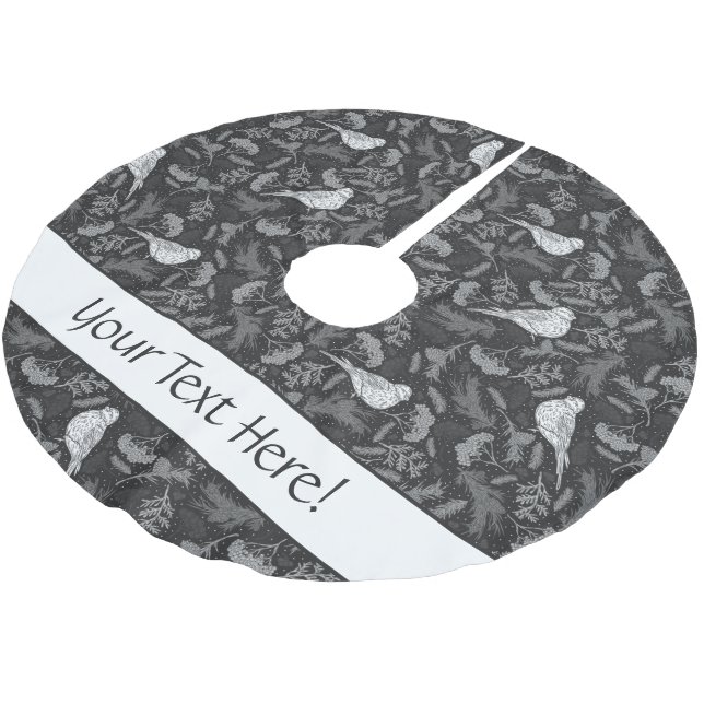 Schwarz und Winter Weiße Vögel Blumenmuster Polyester Weihnachtsbaumdecke (Schrägansicht)